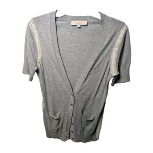 Loft Cardigan Sweater Gray Cream Lace Crochet Preppy Cottage Top Women's Size XS